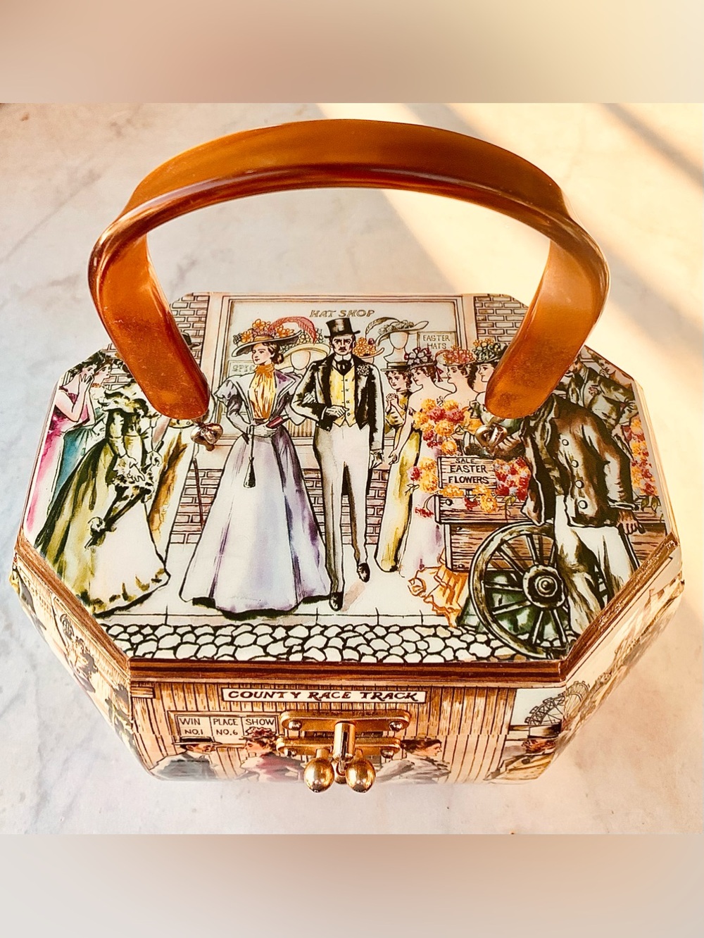 ANTON PIECK Vintage-Inspired Floral Print Women’s Handbag with Amber Handle 70’s
